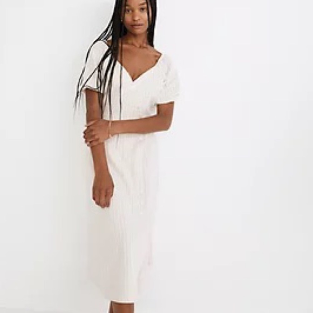 NWT, Madewell Puff-Sleeve Button-Wrap Midi Dress, Off White Undyed Stripe, SZ 14